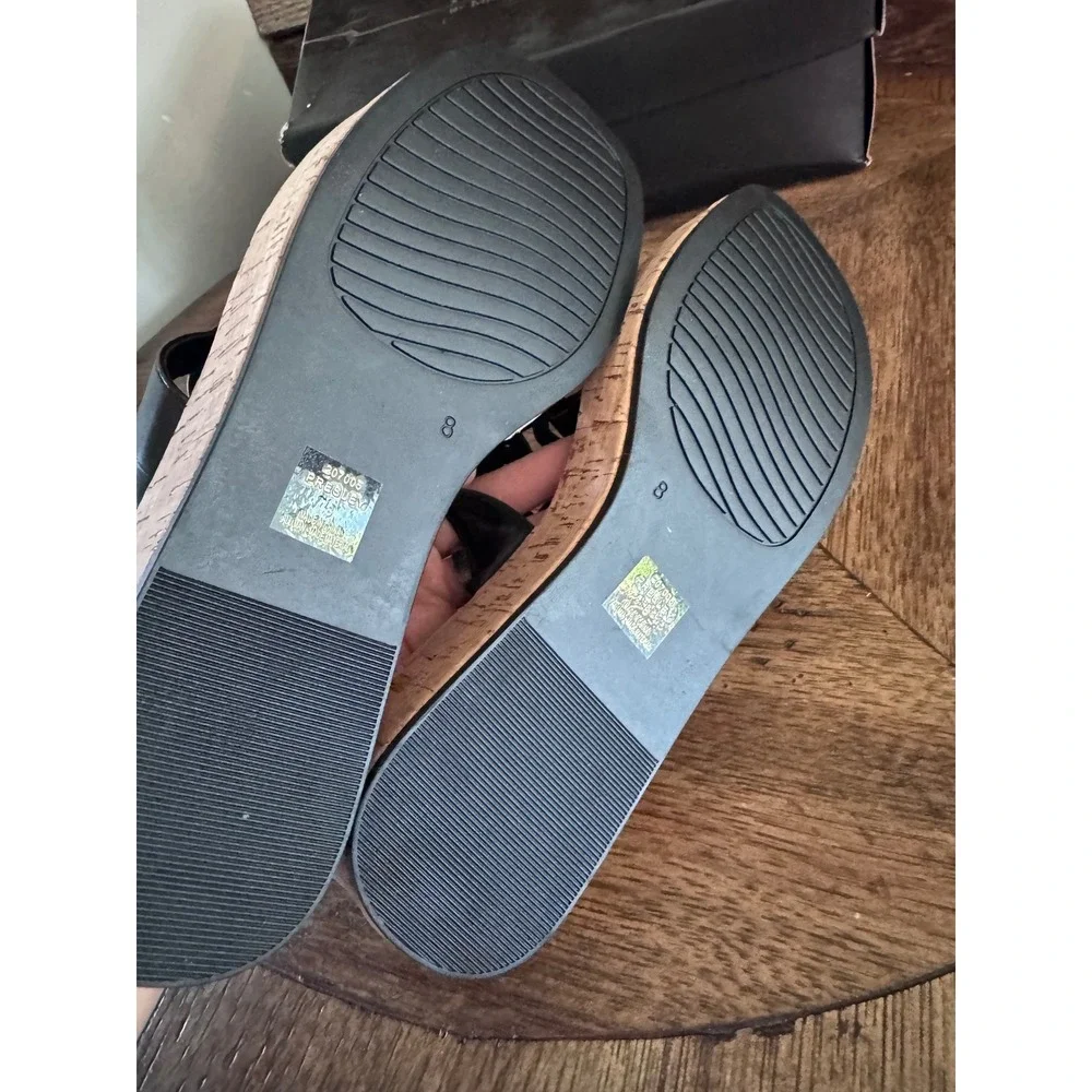 Michael by Michael Shannon Presley Black Cork Wedge Thong Sandals Womens 8 20700